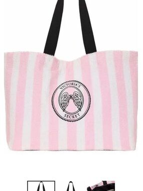 Victoria's Secret Pink & White Striped Tote with Black Handles
